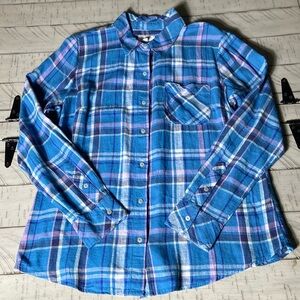 Candace Cameron Bure Linen Blend Shirt Blue Plaid Western New Preppy